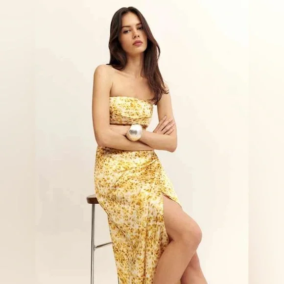 Reformation Barrow Silk Dress In Goldfinch NEW